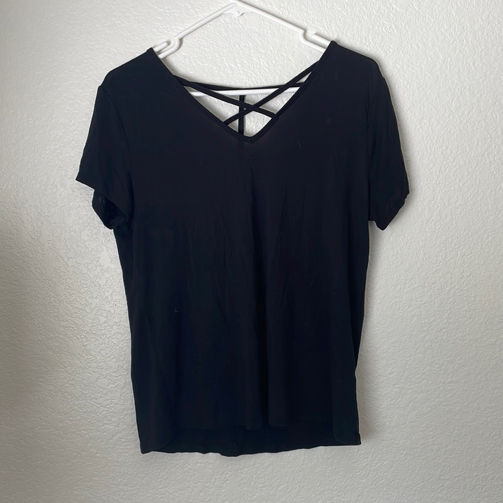 Black T-shirt with strap details at the neckline and back